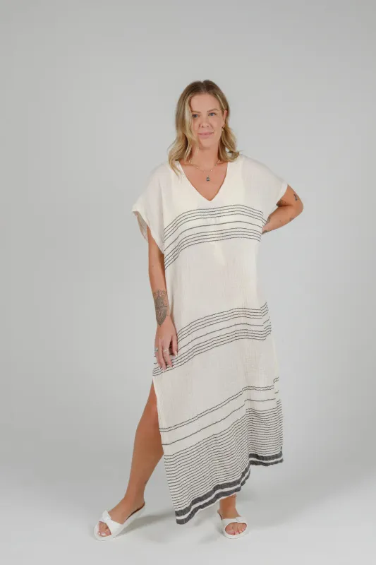 Tofino Towel Co. The Cierra Caftan - Ecru/Black Stripe made by Tofino Towel Co