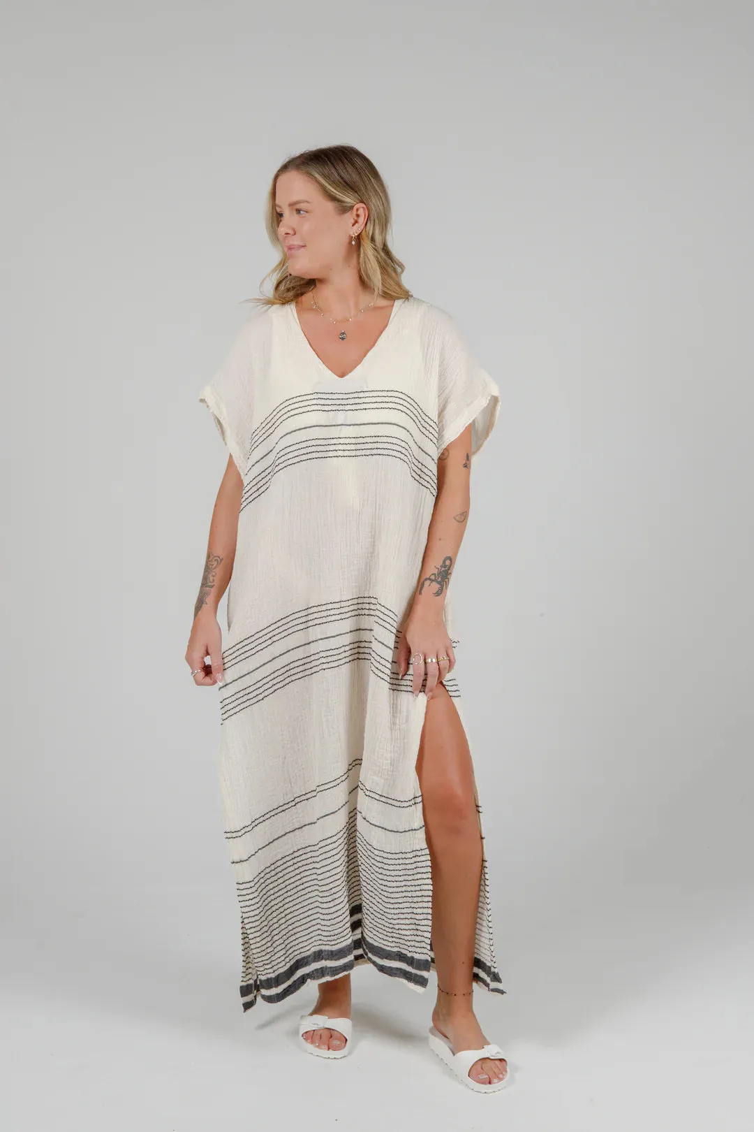Tofino Towel Co. The Cierra Caftan - Ecru/Black Stripe sold by Boutique with Grace product image thumbnail 3