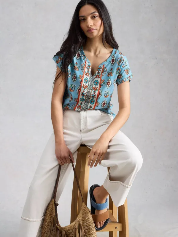 White Stuff Nelly Notch Tee - Blue Print Summer 26 made by Boutique with Grace