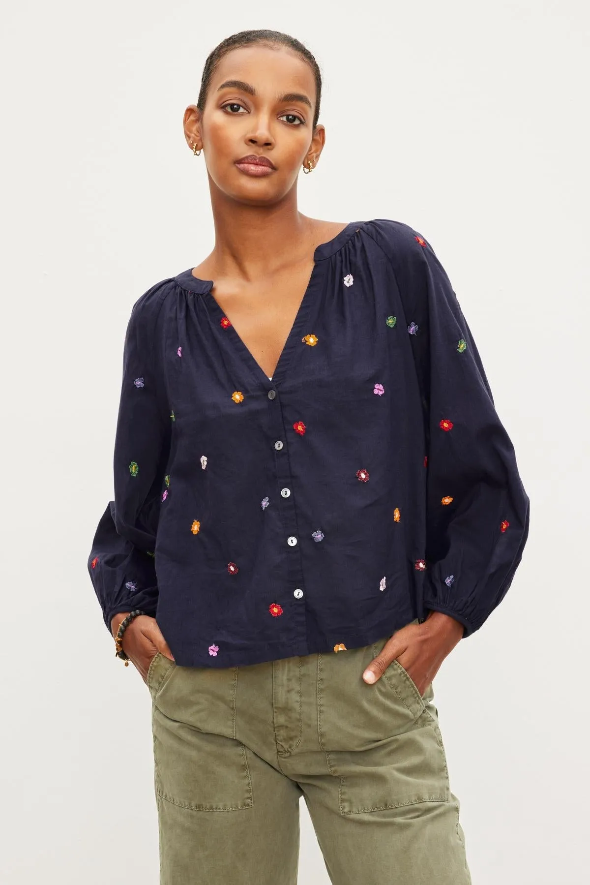 Velvet Aretha Embroidered Blouse - Navy sold by Boutique with Grace