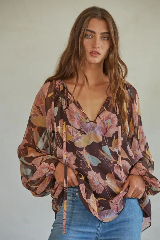 By Together Rosy Floral Top - Chocolate sold by Boutique with Grace