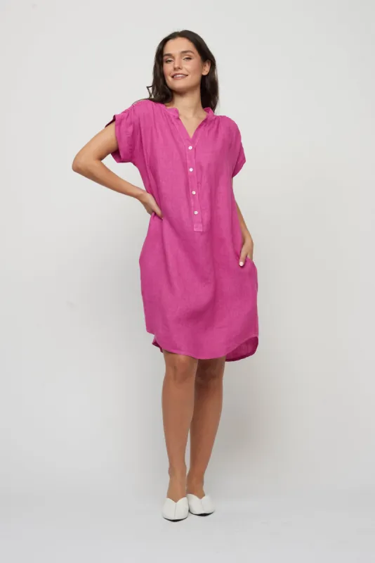 Pistache Ruched Shoulder Linen Dress - Orchid sold by Boutique with Grace