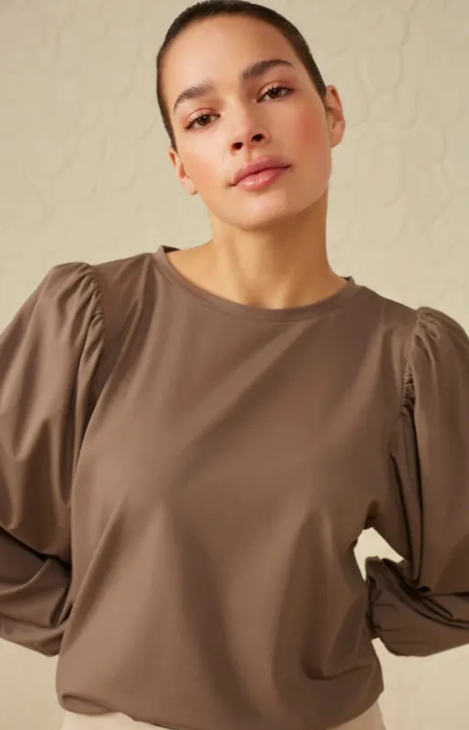 Yaya Boatneck Puff Sleeve Top - Falcon Brown sold by Boutique with Grace