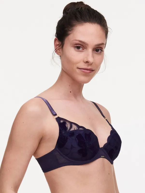 Chantelle Velvet Flowers Plunge Bra - Ultra Blue 38C ONLY made by Chantelle