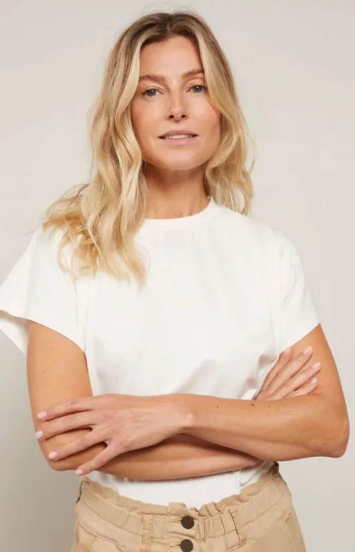 Yaya Short Sleeve Tee with Shoulder Pleats - Star White sold by Boutique with Grace