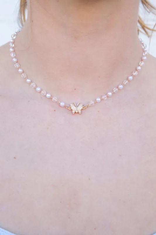 Faux Pearl and Bead Butterfly Necklace sold by Brandy Melville