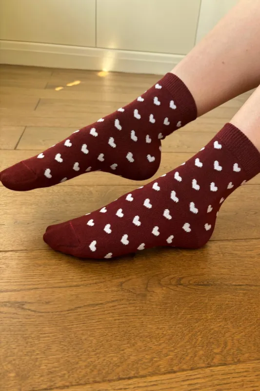 Burgundy White Heart Socks sold by Brandy Melville