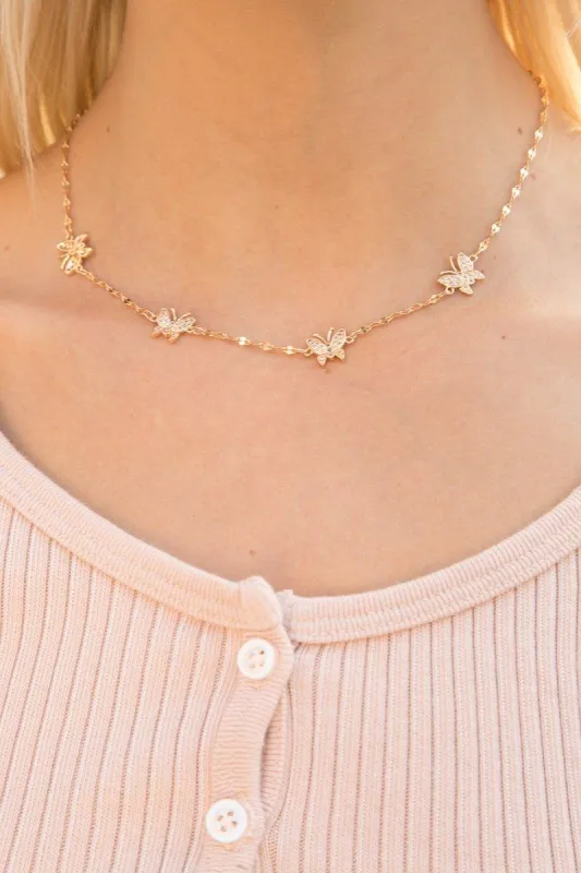 Gold Rhinestone Butterfly Necklace sold by Brandy Melville