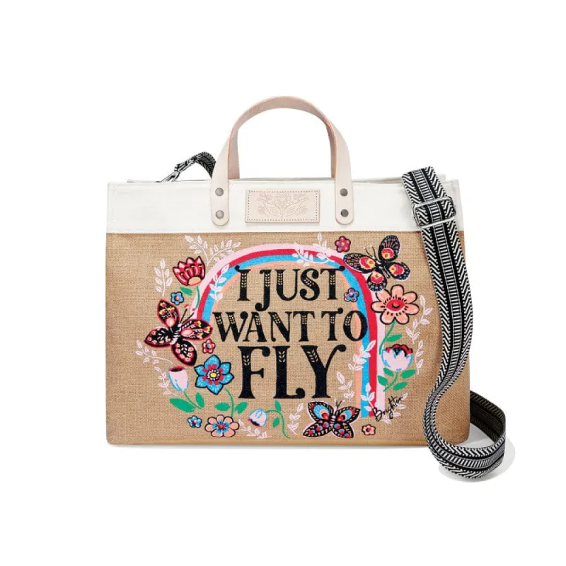 Fly Away East West Burlap Tote sold by Brighton