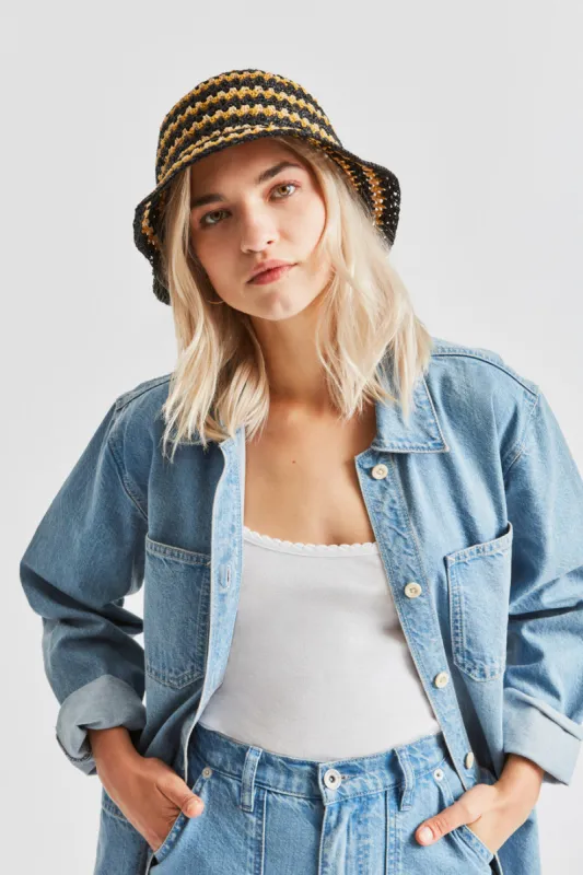 Essex Raffia Bucket Hat - Black/White/Sunset sold by Brixton