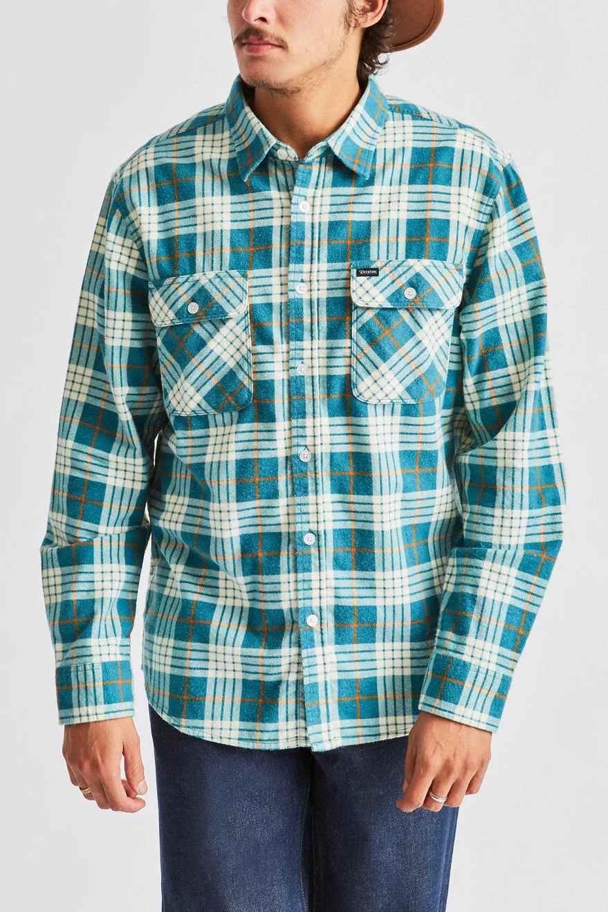 Bowery Lightweight L/S Flannel - Aqua/White sold by Brixton