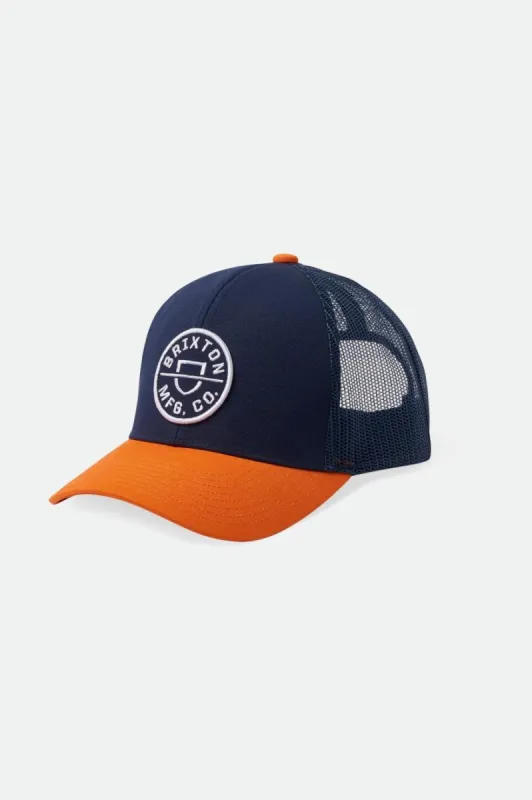 Crest Netplus MP Trucker Hat - Washed Navy/Paradise Orange sold by Brixton