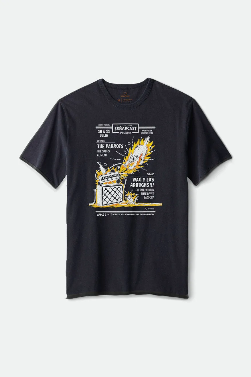 Barcelona Brxtn Broadcast S/S Standard Tee - Black Garment Dye sold by Brixton