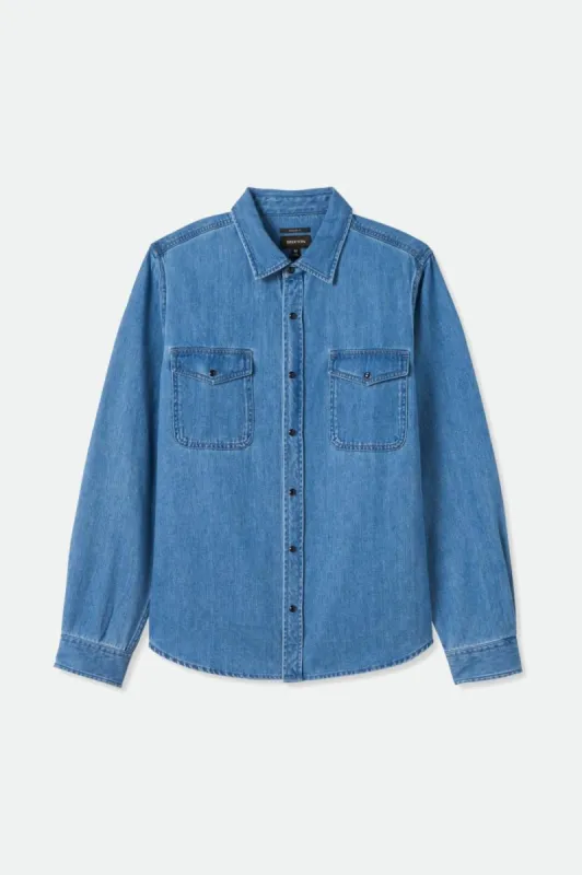 Wayne Stretch L/S Woven Shirt - Washed Indigo sold by Brixton