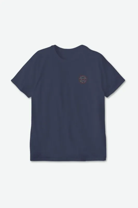 Crest II S/S Standard Tee - Washed Navy/Oatmeal/Barn Red sold by Brixton