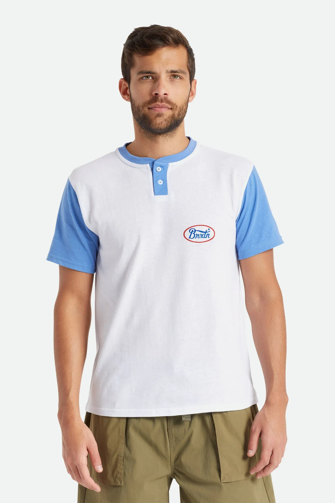 Parson S/S Henley Knit - White/Sky Blue sold by Brixton