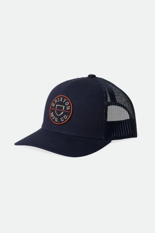 Crest Netplus MP Trucker Hat - Washed Navy/Oatmeal/Marsala Red sold by Brixton