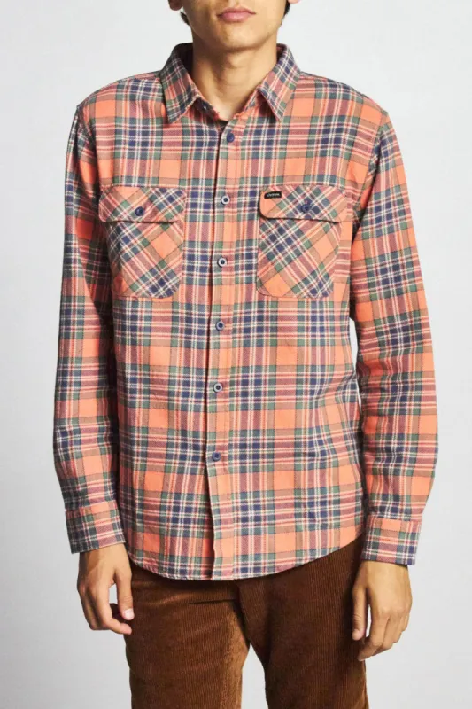 Bowery L/S Flannel - Salmon/Navy sold by Brixton