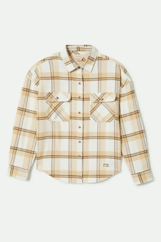 Bowery Women's Classic L/S Flannel - Off White/Semolina/Washed Copper Plaid made by Brixton