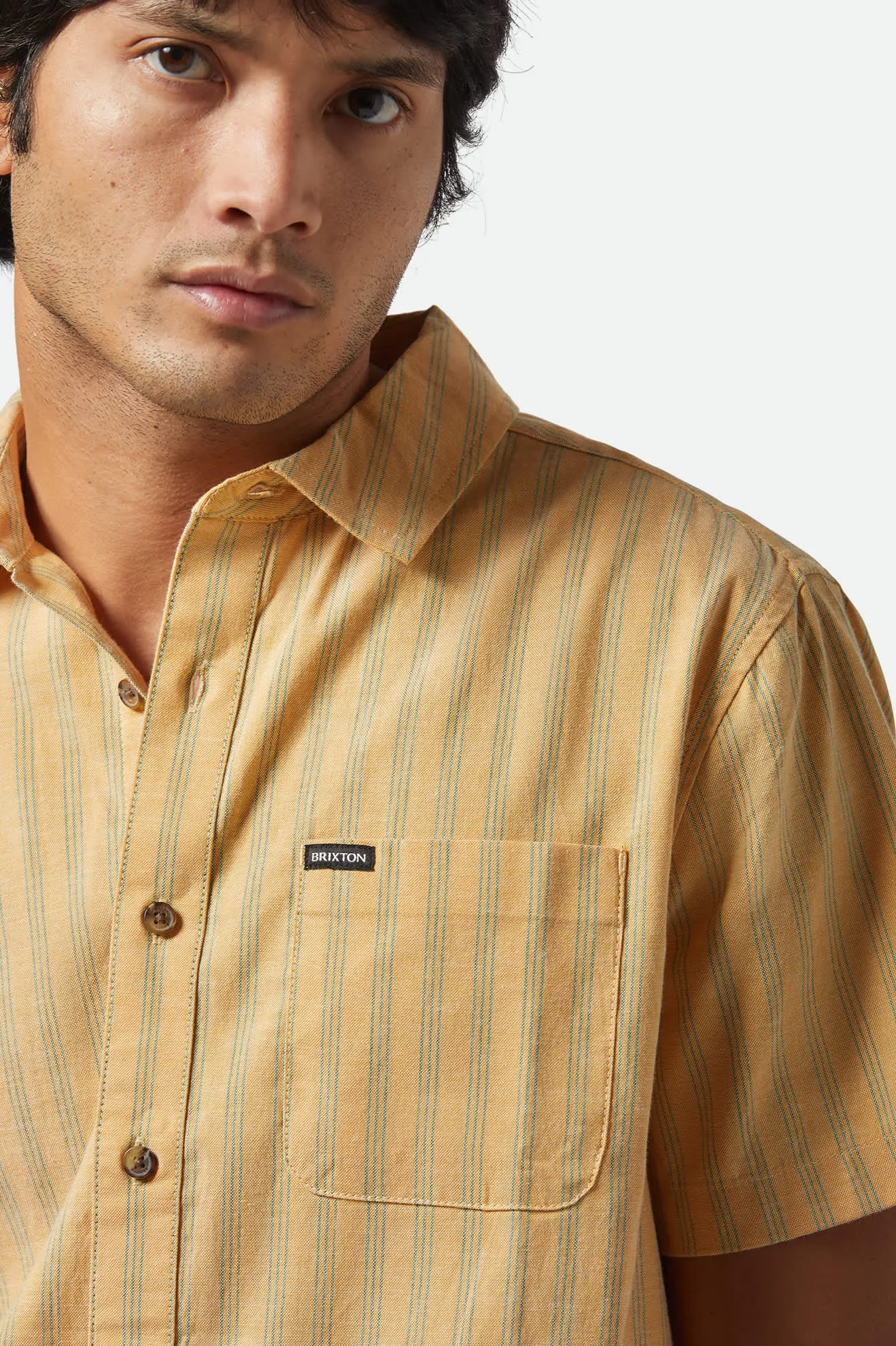 CRU Oxford Stripe S/S Shirt - Curry/Ivy Green Stripe sold by Brixton product image thumbnail 4