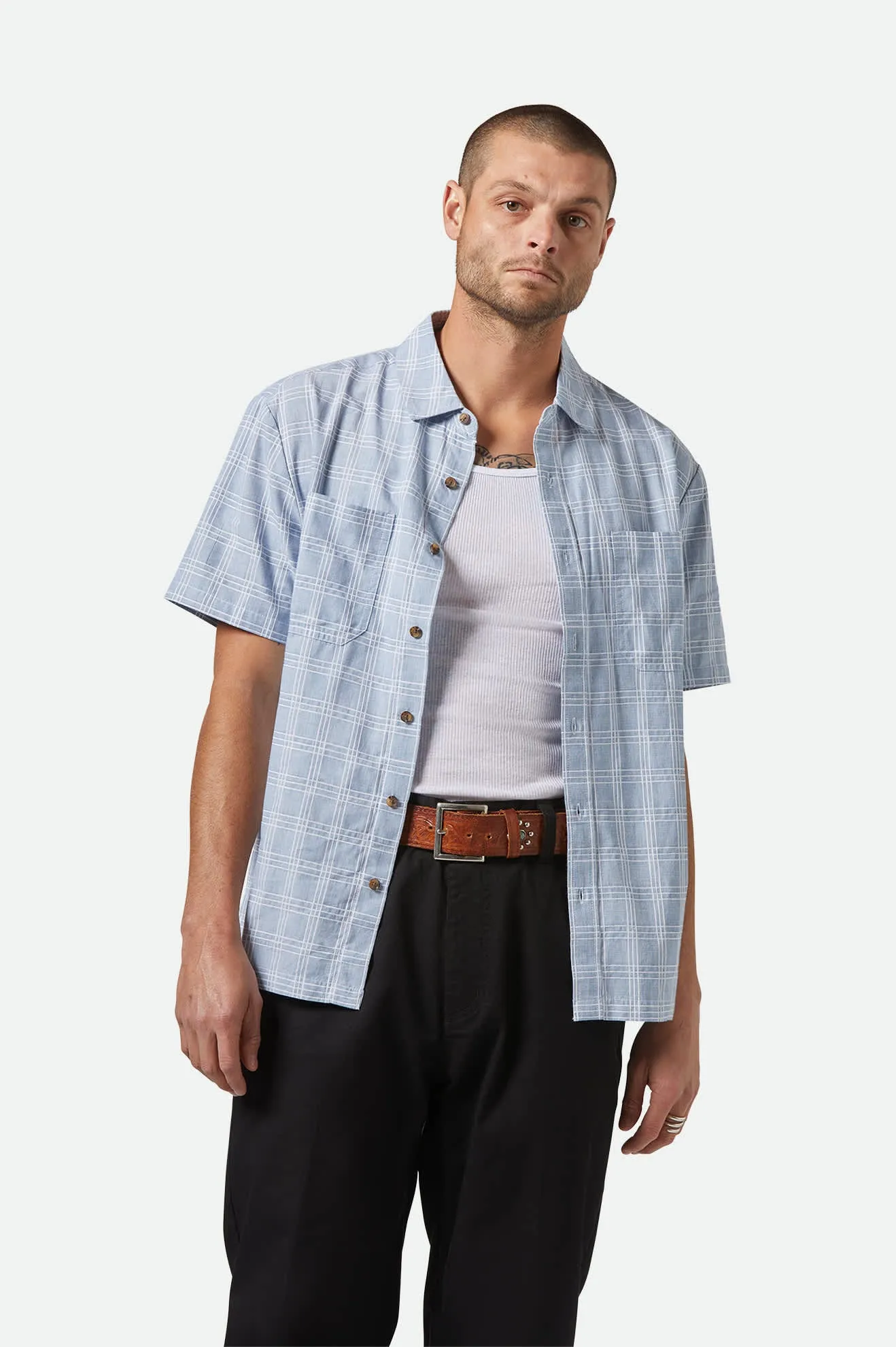 CRU Oxford Plaid Relaxed S/S Shirt - Light Blue/White Plaid sold by Brixton product image thumbnail 2