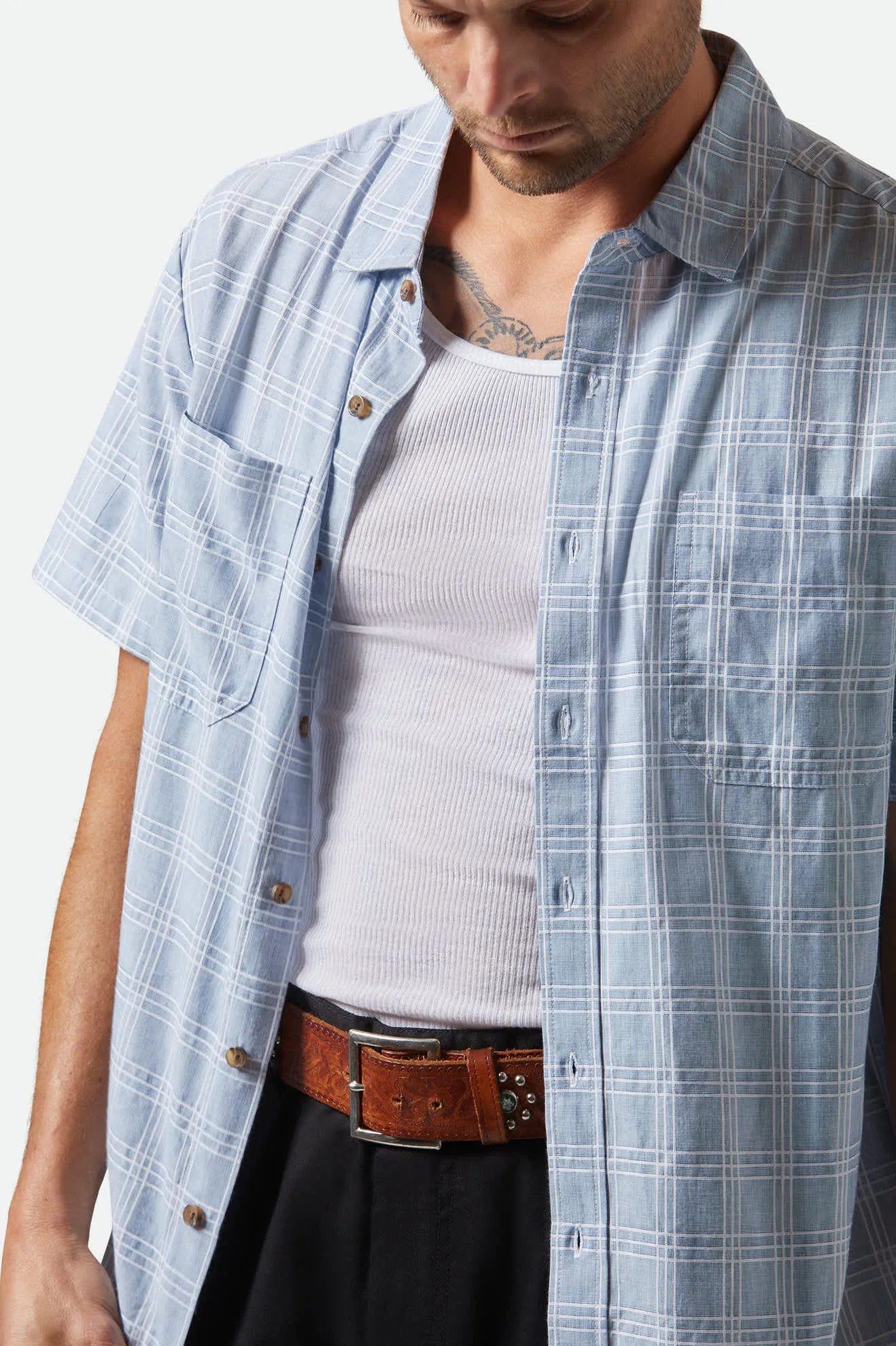 CRU Oxford Plaid Relaxed S/S Shirt - Light Blue/White Plaid sold by Brixton product image thumbnail 5