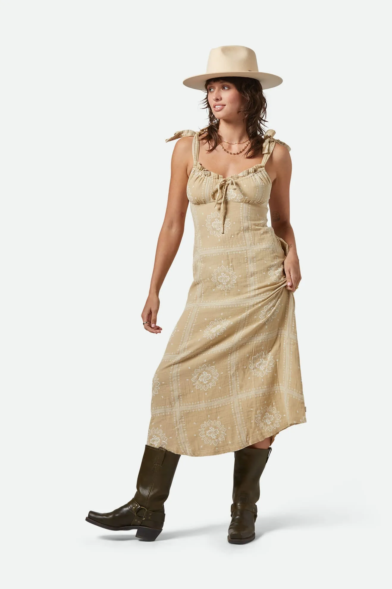 Wandering Tie Dress - Pale Khaki Bandana sold by Brixton