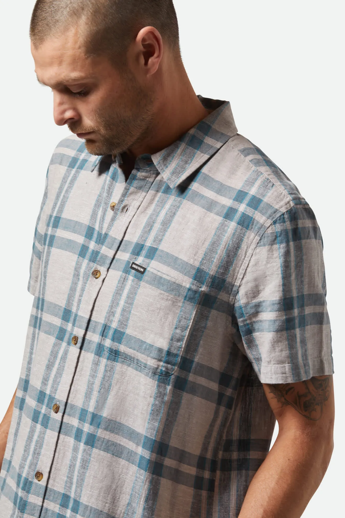Charter Linen Blend S/S Shirt - Beige/Azure Blue Plaid sold by Brixton product image thumbnail 4
