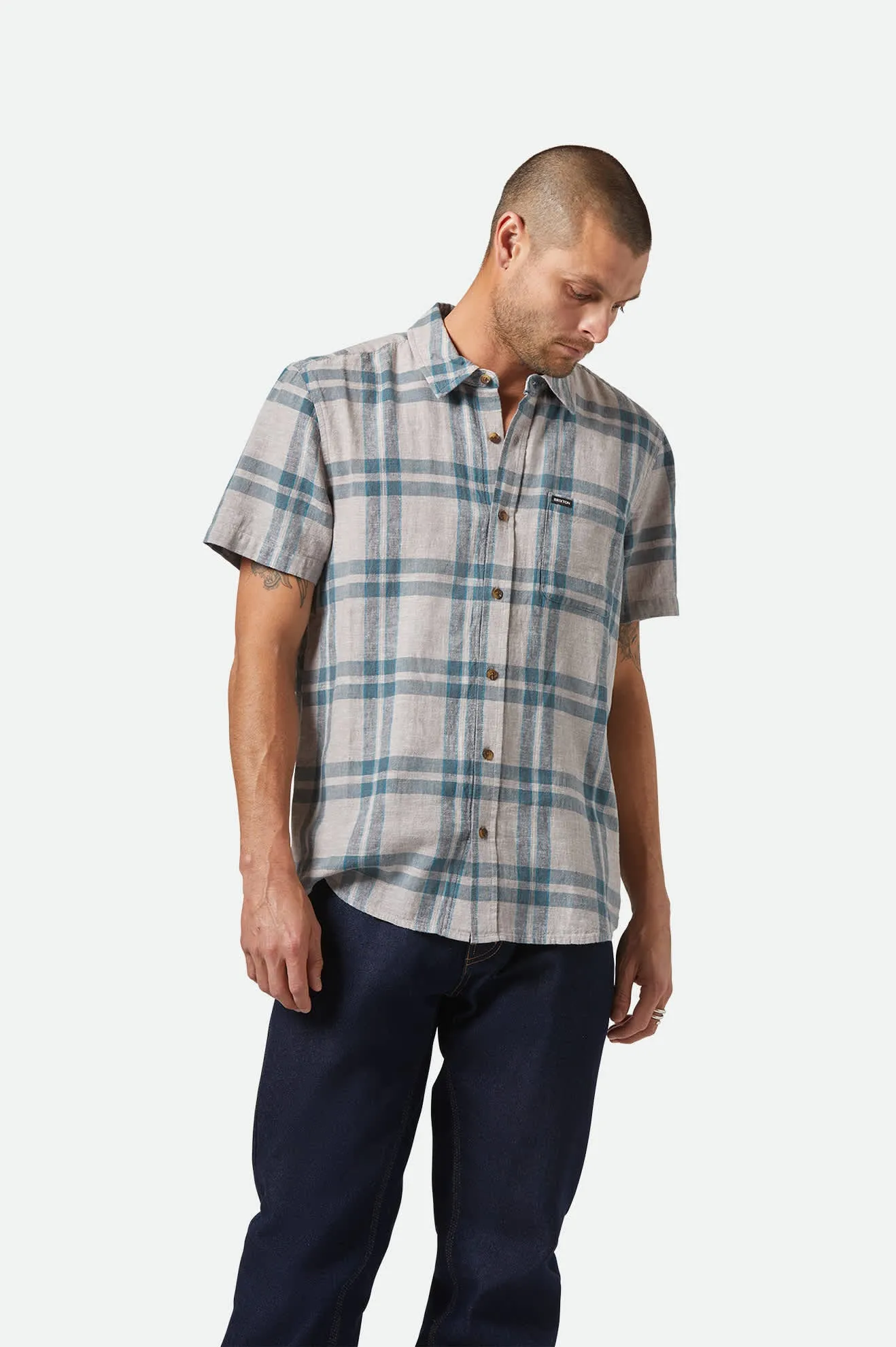 Charter Linen Blend S/S Shirt - Beige/Azure Blue Plaid sold by Brixton product image thumbnail 2