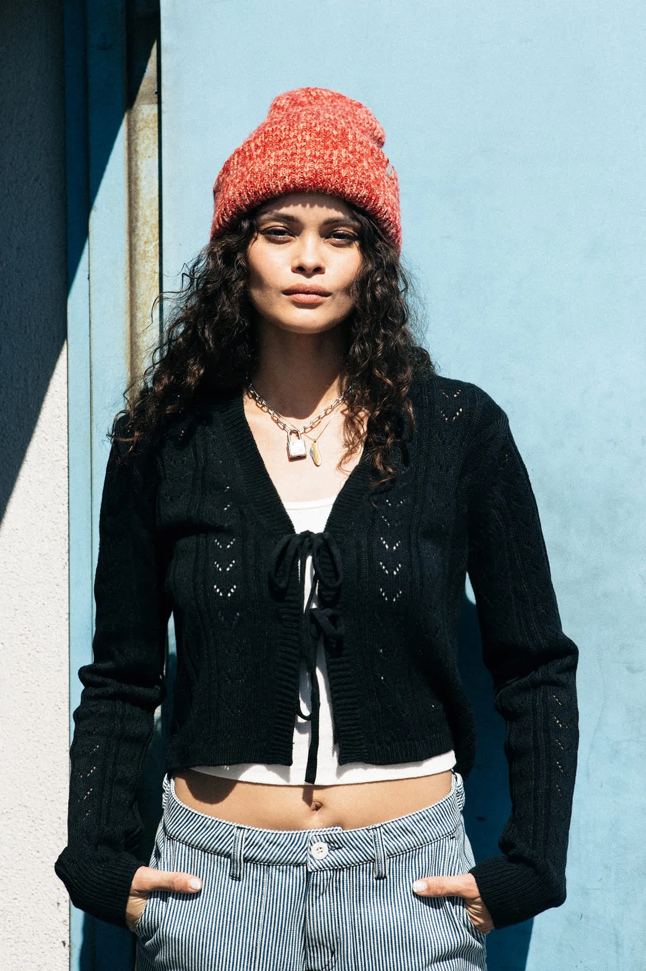 Cropped Pointelle Tie Cardigan - Black sold by Brixton product image thumbnail 4