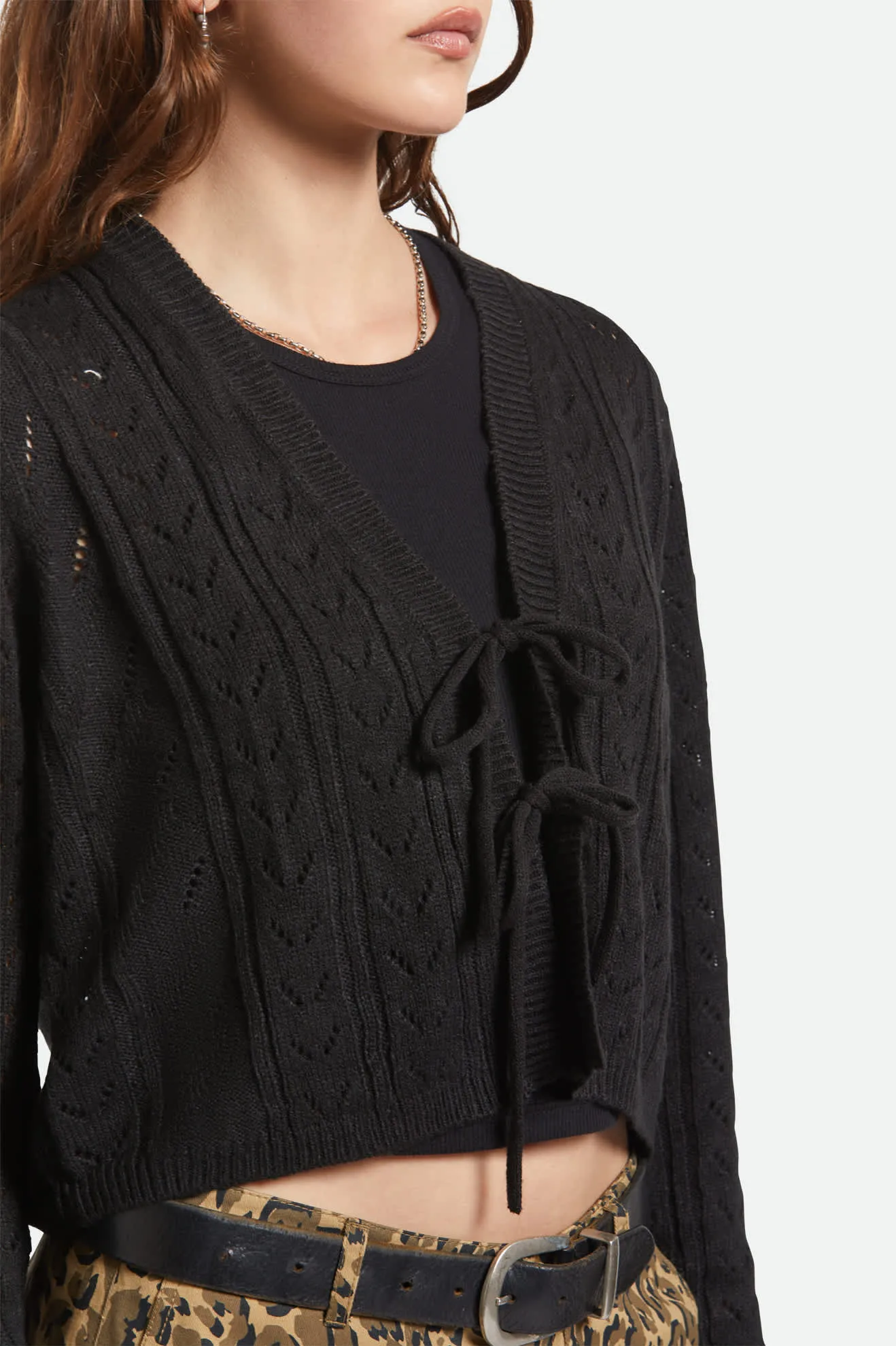 Cropped Pointelle Tie Cardigan - Black sold by Brixton product image thumbnail 3