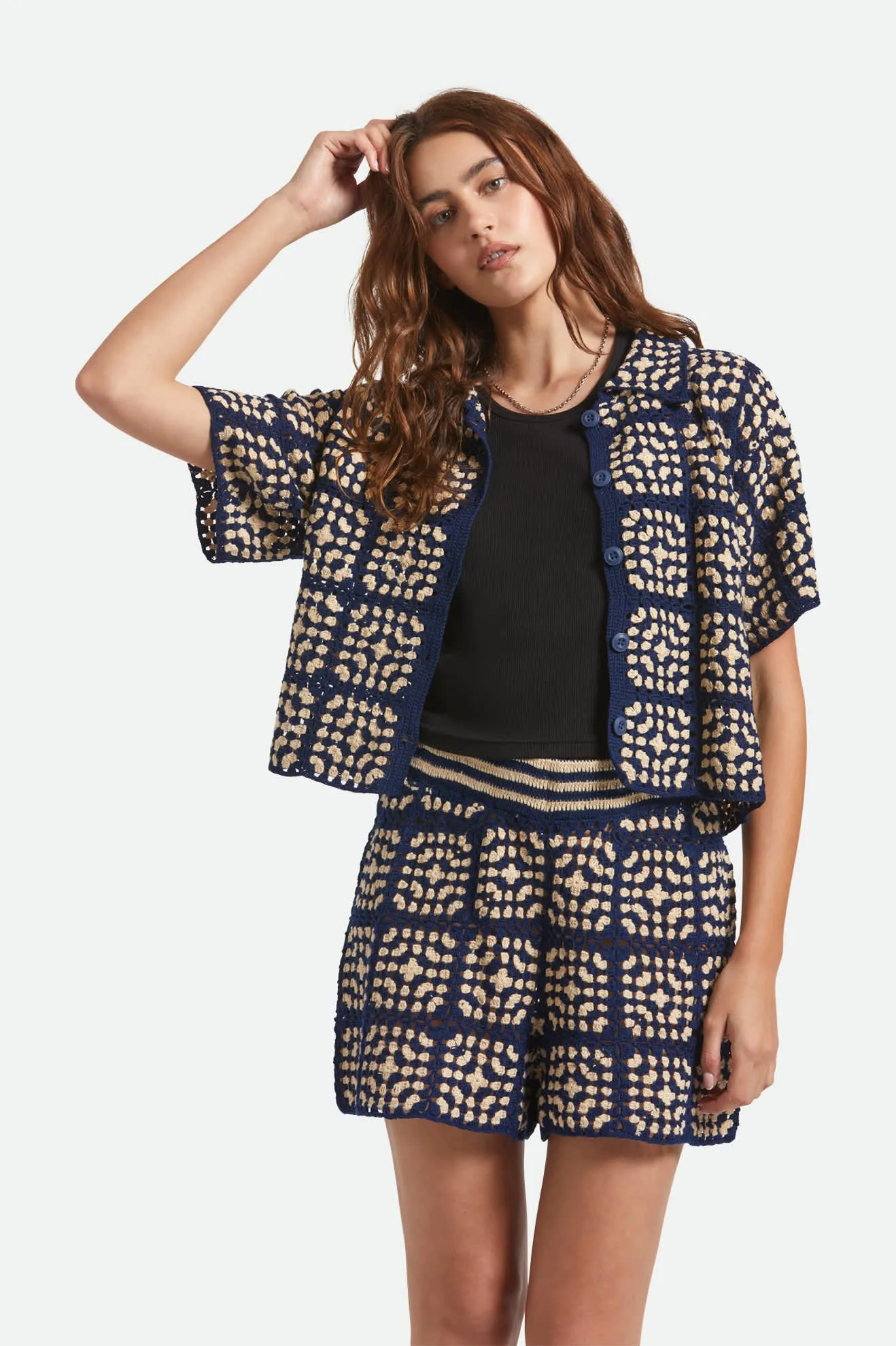 Crochet S/S Button Down - Mood Indigo/Off White sold by Brixton