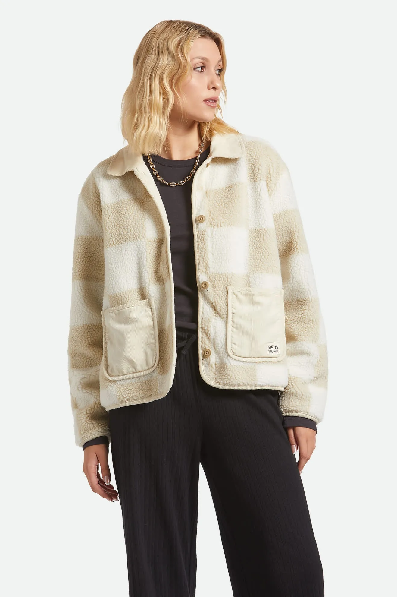 Delilah Sherpa Jacket - White/Natural Finish Line Checker sold by Brixton