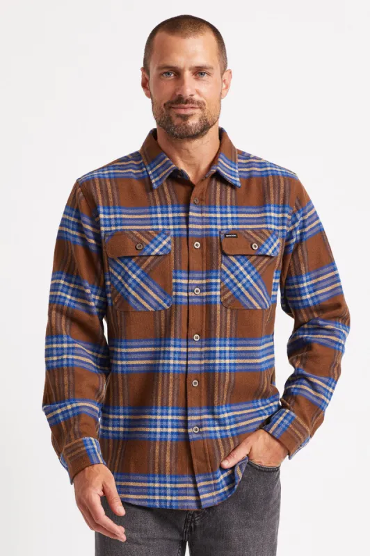 Bowery L/S Utility Flannel - Washed Brown/Mineral Blue sold by Brixton