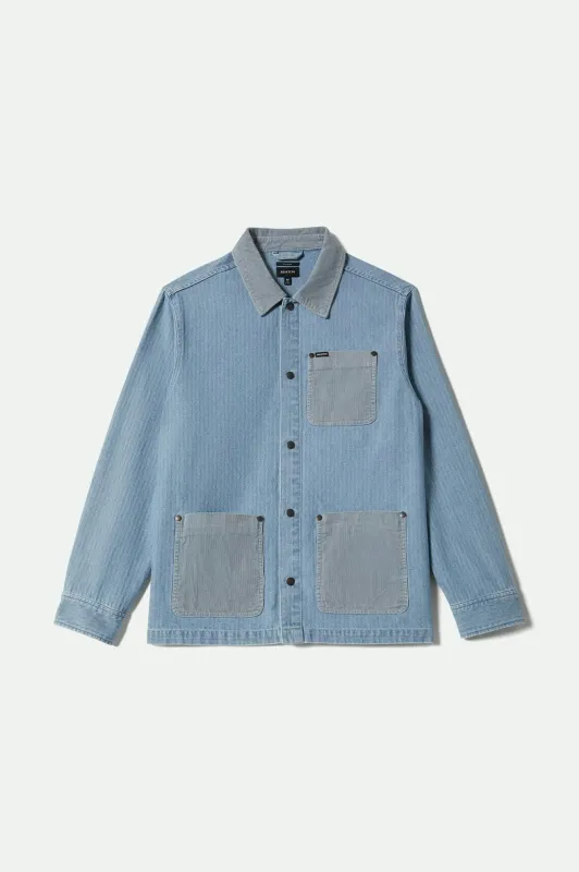 Herringbone Lightweight Chore Coat - Light Wash Denim Herringbone sold by Brixton