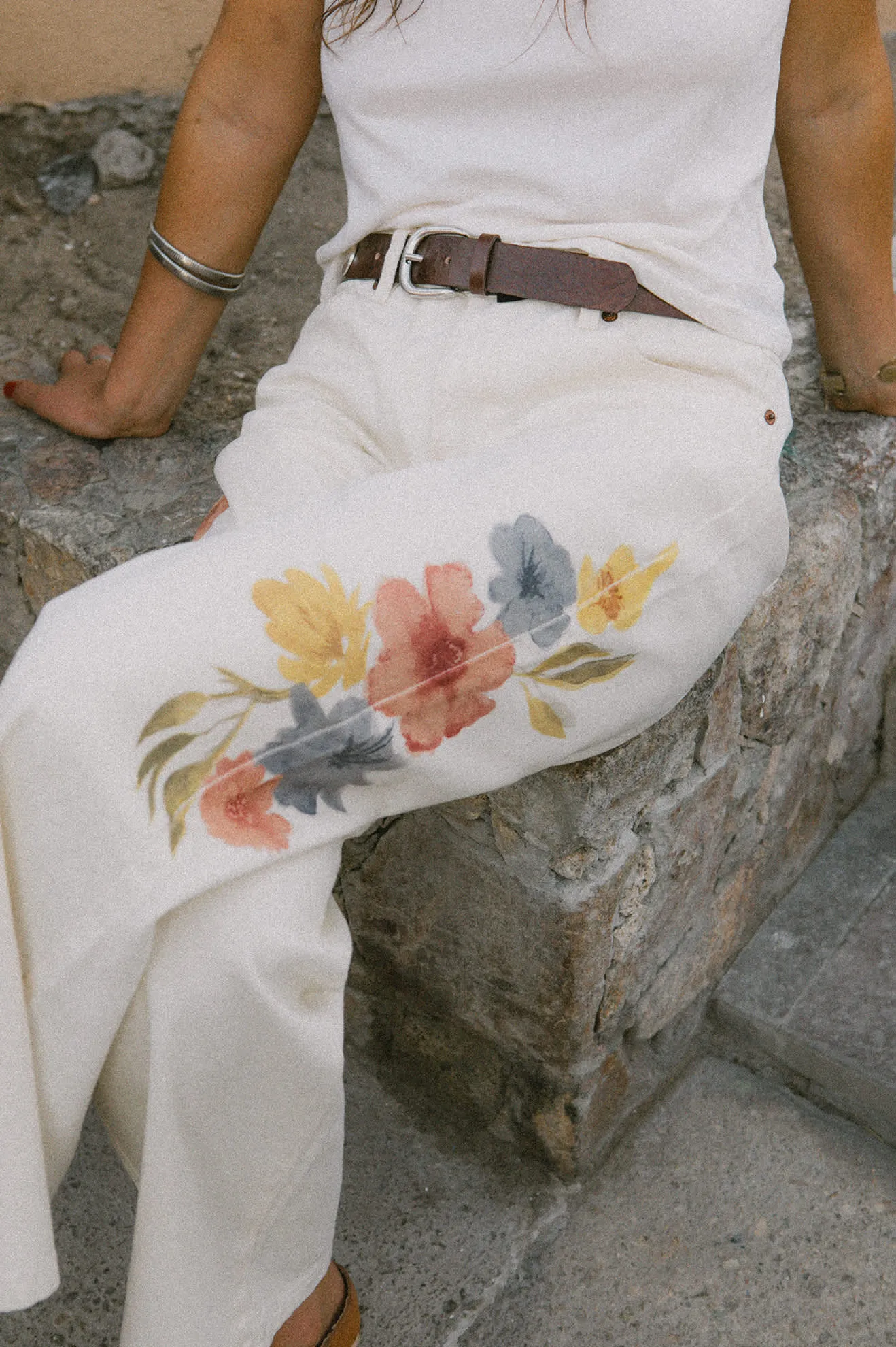 The Chloe 5-Pocket Pant - Off White Floral Burst sold by Brixton