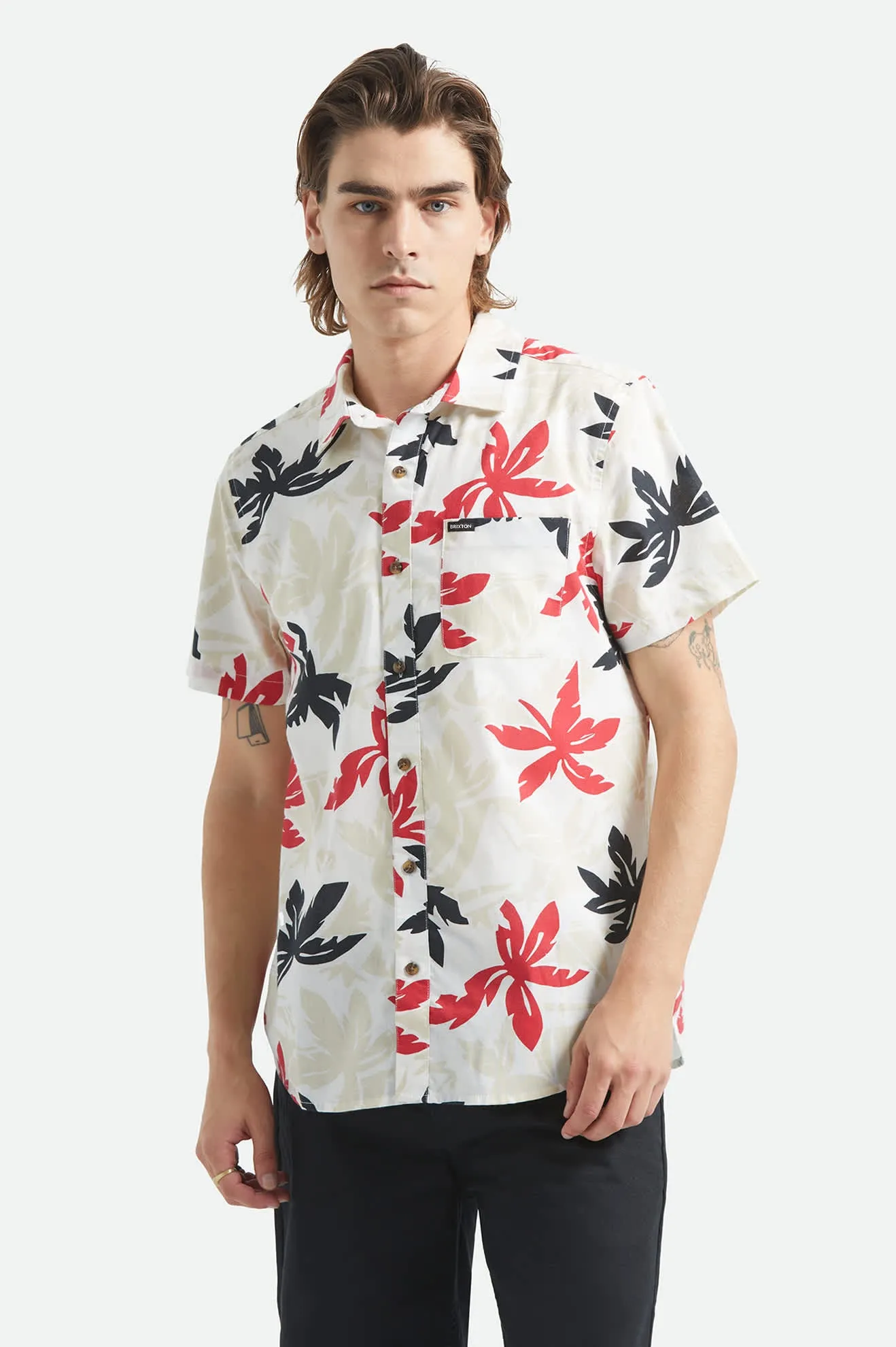 Charter Print Short Sleeve Shirt - Off White/Black/Red Palm Floral sold by Brixton product image thumbnail 2