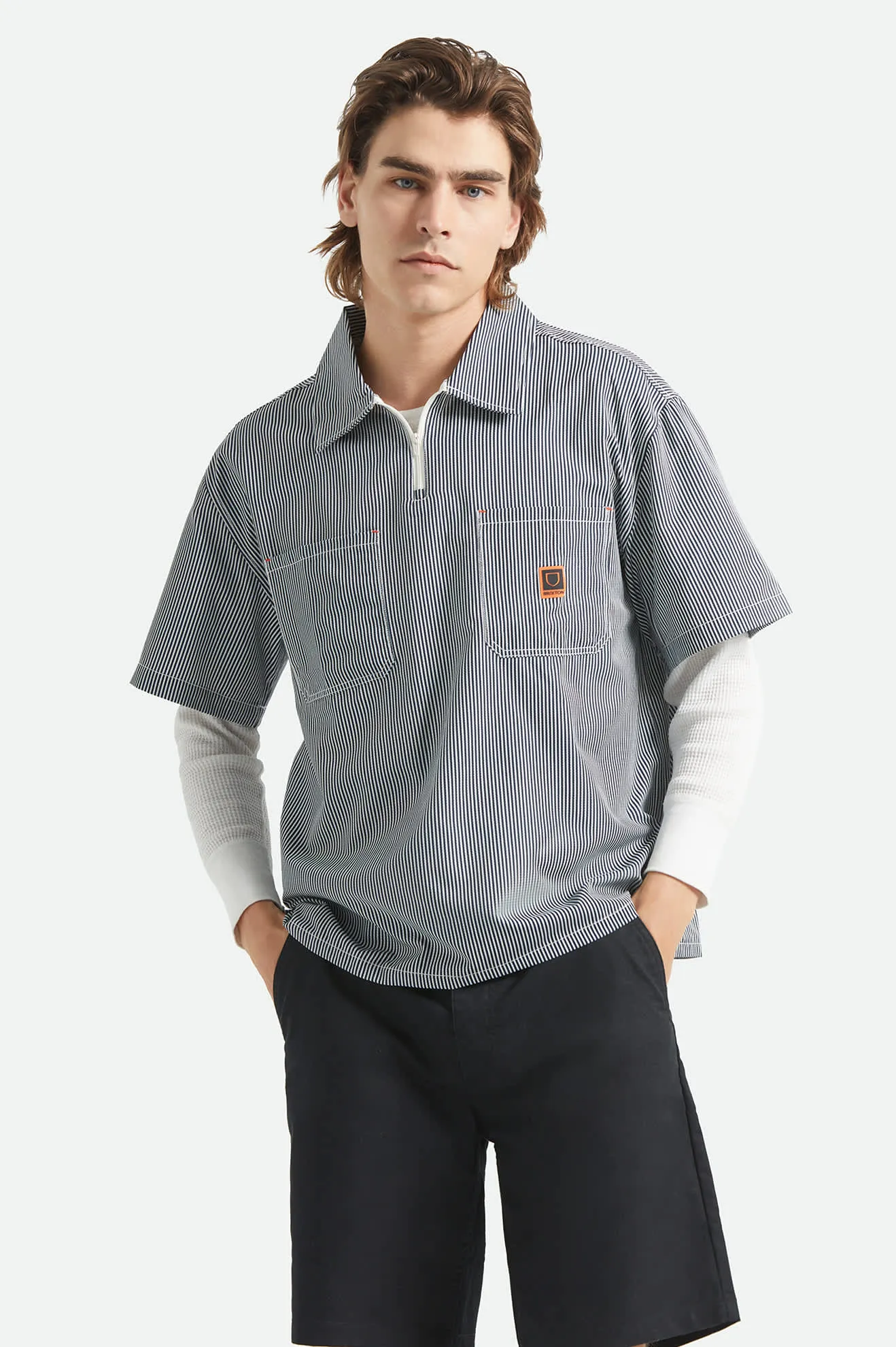 Journey Lightweight 1/2 Zip Cropped Short Sleeve Shirt - Navy/White Stripe sold by Brixton product image thumbnail 2