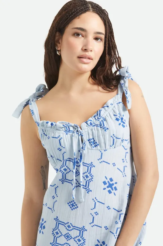 The Tie Dress - Aura Blue Tile Print made by Brixton
