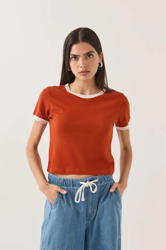 Carefree Organic Garment Dye Ringer T-Shirt - Rust/Off White made by Brixton