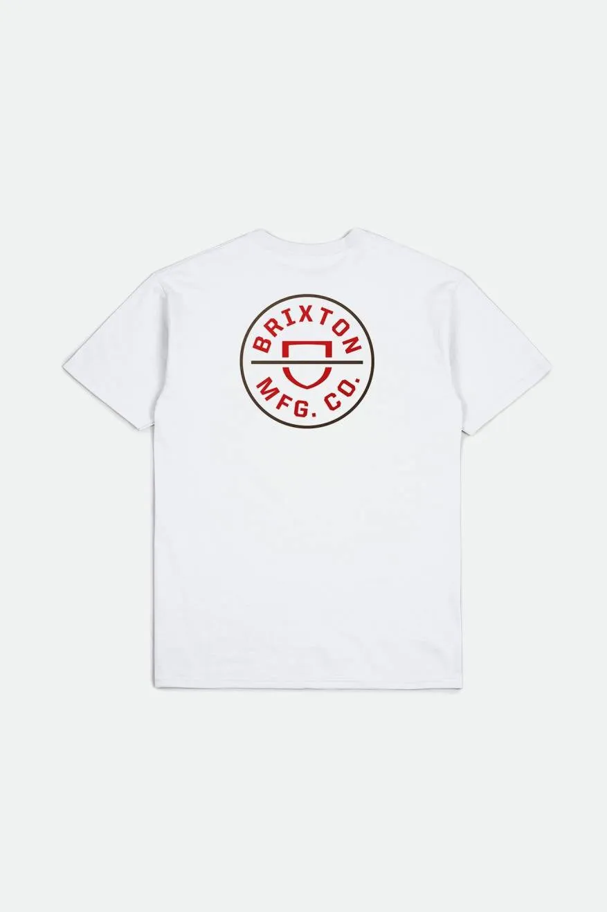 Crest II S/S Standard Tee - White/Aloha Red/Dark Earth sold by Brixton