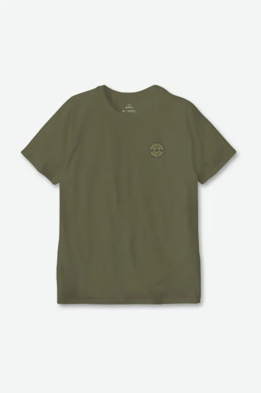 Crest II S/S Standard Tee - Olive Surplus/Antelope/Washed Navy sold by Brixton