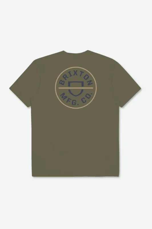 Crest II S/S Standard Tee - Olive Surplus/Washed Navy/Sand sold by Brixton