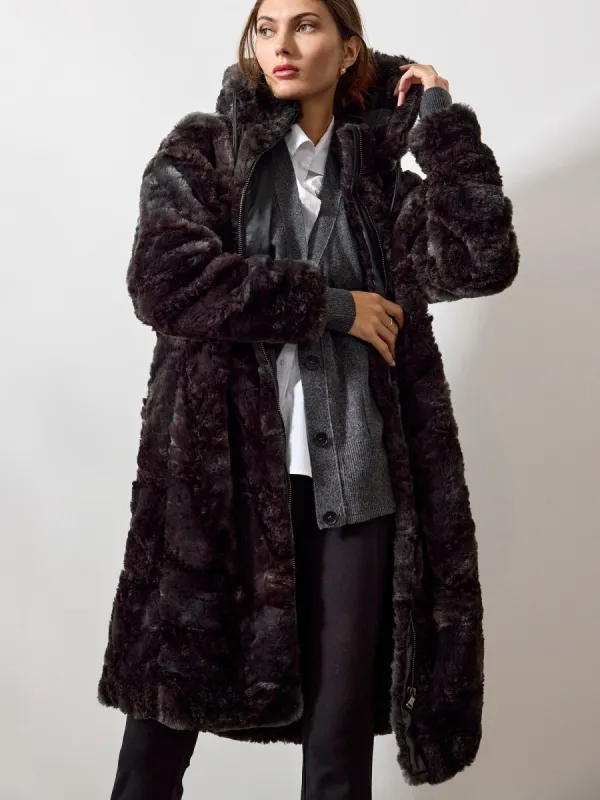 The Vail Hooded Vegan Fur Coat sold by Brochu Walker
