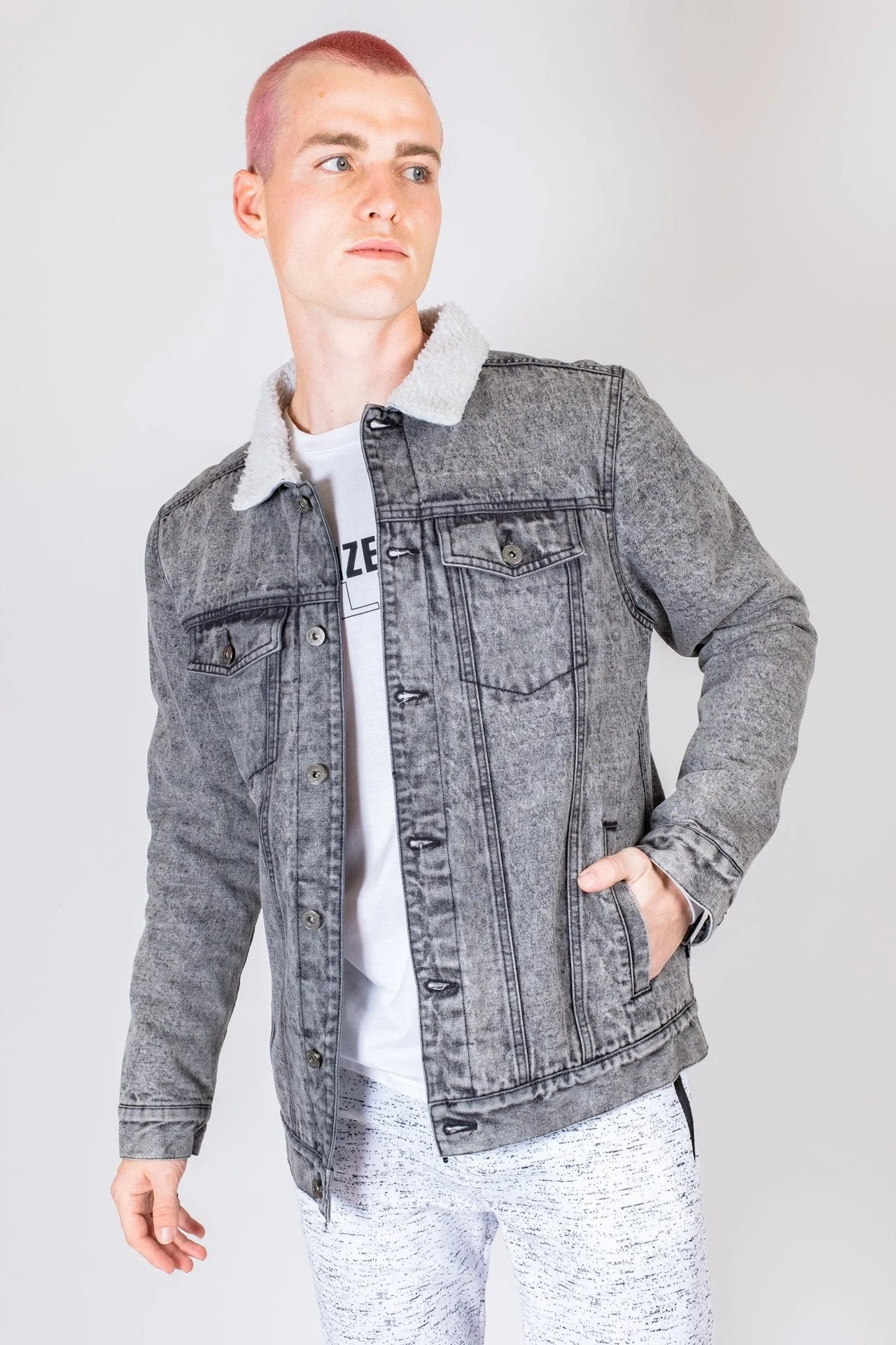 Black Stone Wash Denim Sherpa Jacket sold by Brooklyn Cloth product image thumbnail 2