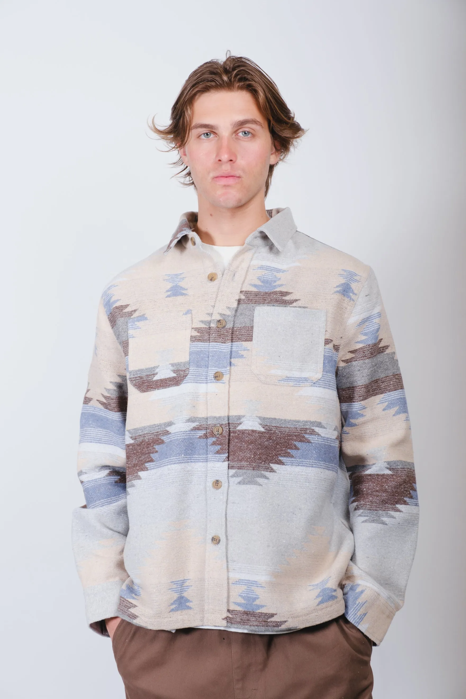 Boxy Exploded Aztec Jacquard Shacket sold by Brooklyn Cloth