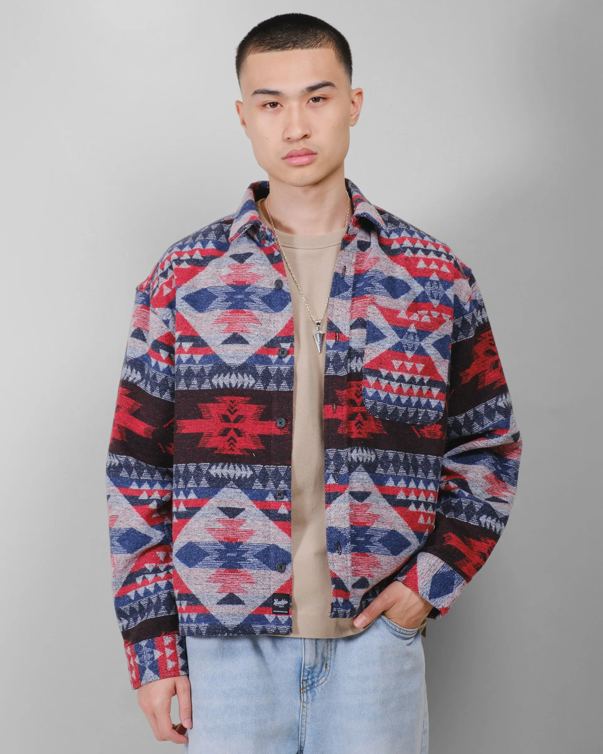 Boxy Native Diamond Stripe Jacquard Shacket sold by Brooklyn Cloth