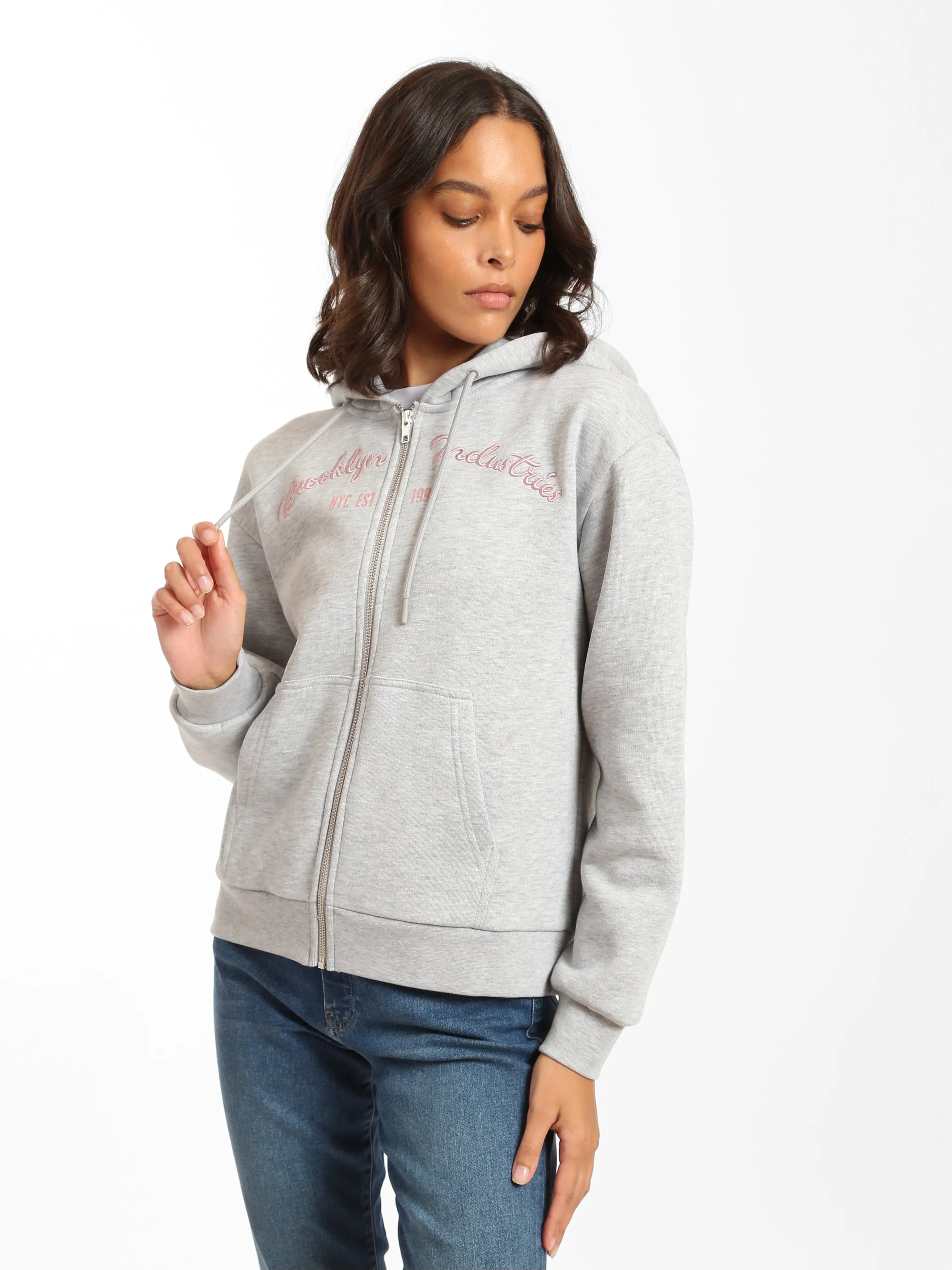 Women's BKI 1998 Zip Up Hoodie in Grey Melange sold by Brooklyn Industries product image thumbnail 3