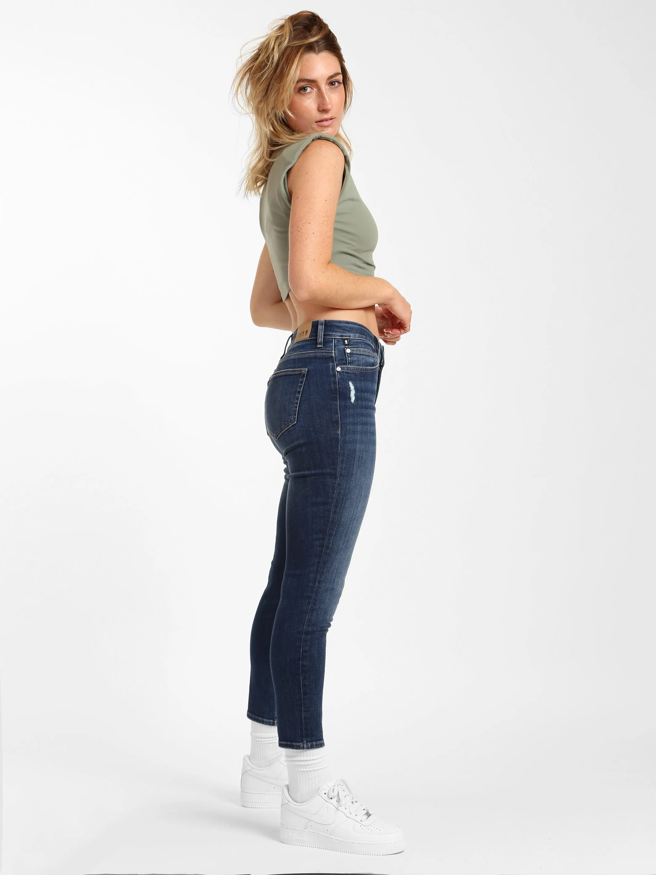 Coco High Rise Skinny Jeans in Dark Distressed Denim sold by Brooklyn Industries product image thumbnail 3