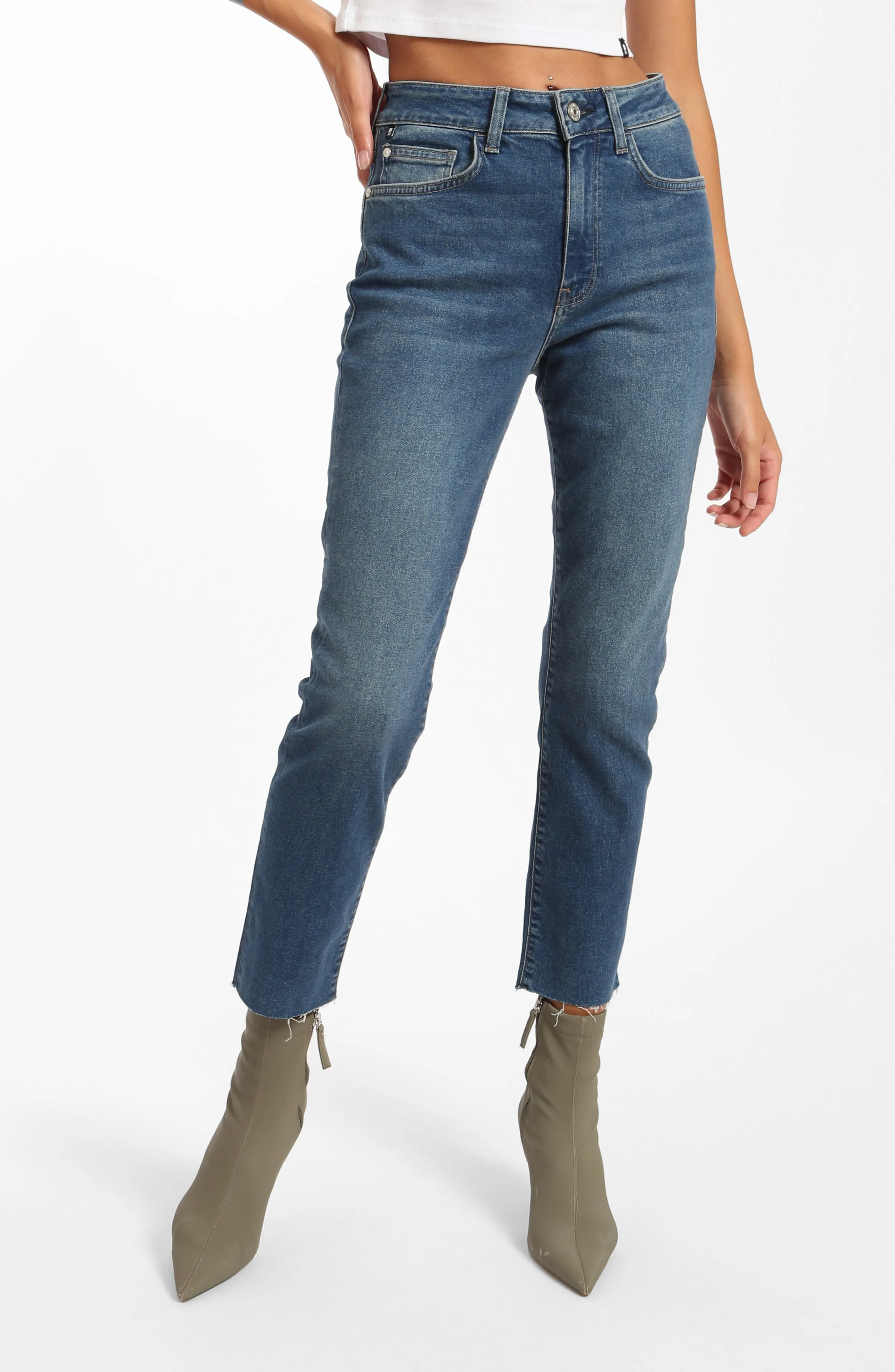 Court High Rise Cropped Straight Leg Jeans in Dark Blue Denim sold by Brooklyn Industries